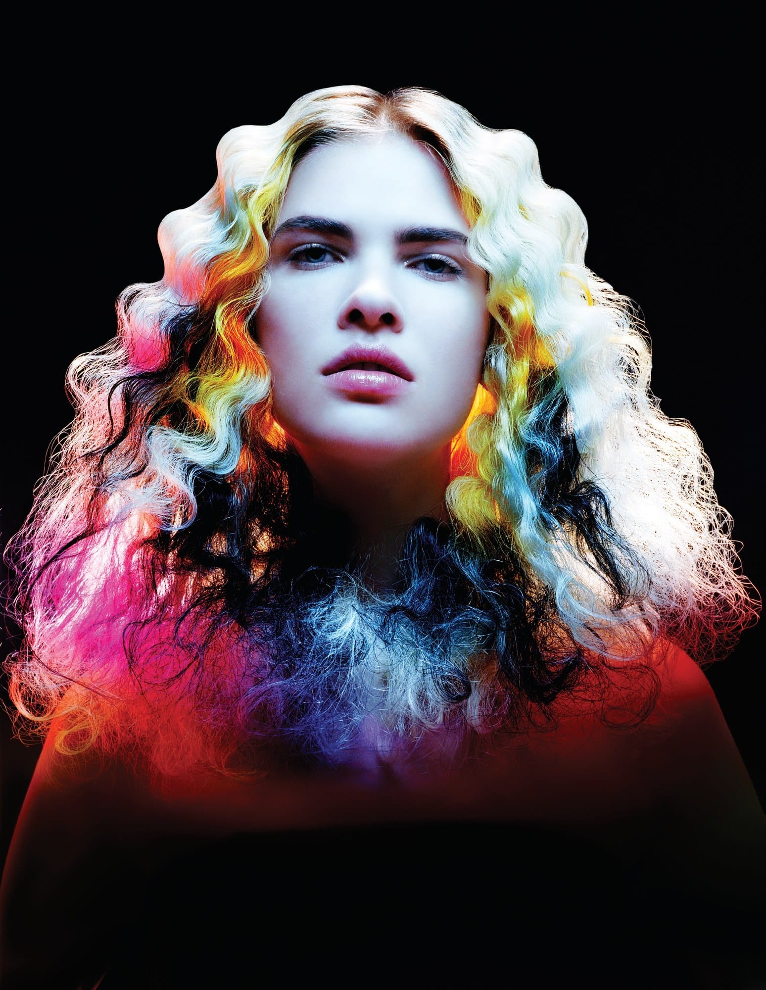 Voluminous curls haloed in prismatic rainbow light – Avant Garde, D&J Ambrose 2006