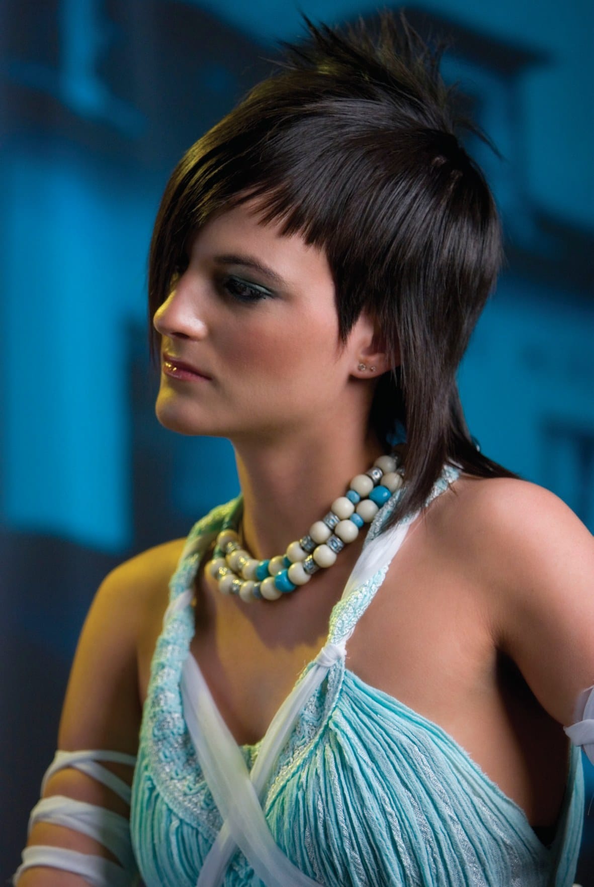 Aqua draped gown with beaded necklace, editorial styling – Edward Beale Melbourne 2006