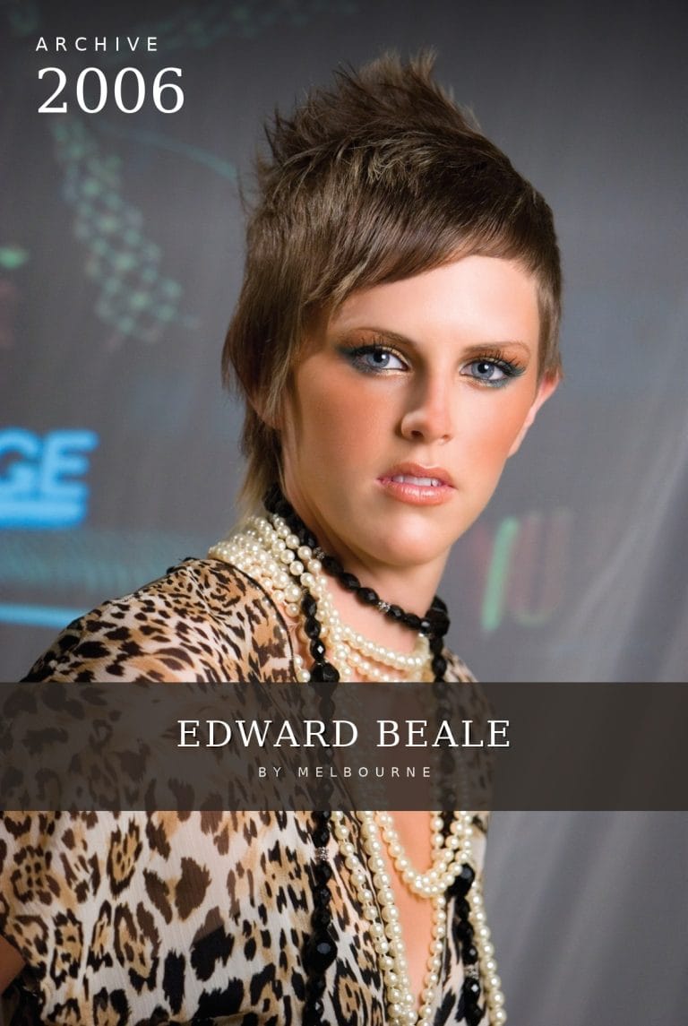 Short spiky textured brown crop with smoky eyes and leopard-print styling – Edward Beale Melbourne 2006 hair collection
