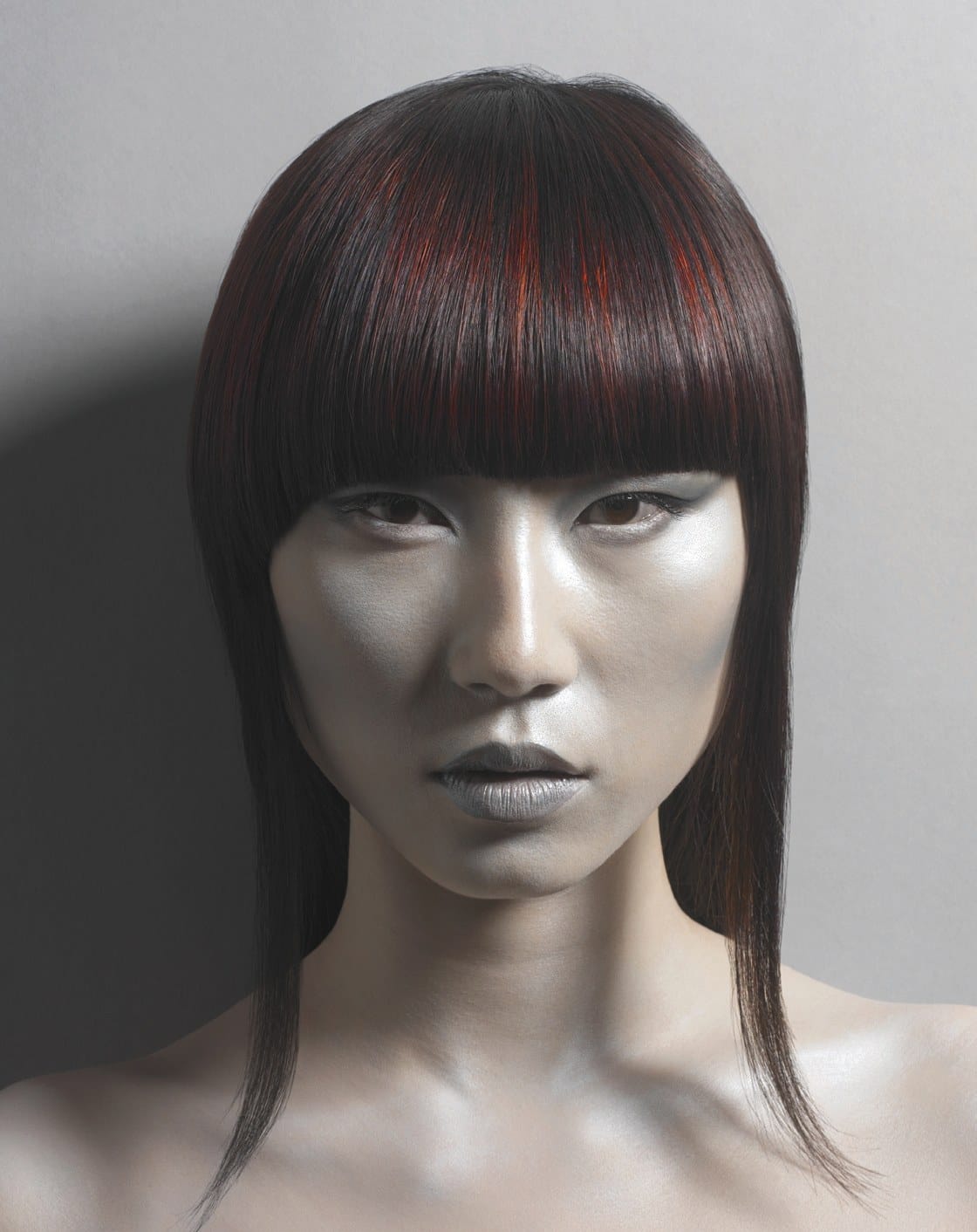 Sleek center-parted fringe with a vivid red streak – Alien Nation Collection, Monroe Hairdressing 2007