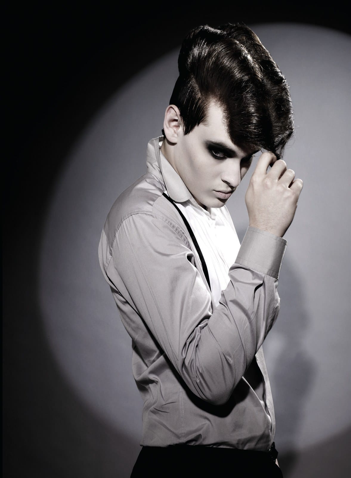 Sculpted brushed-up quiff with dramatic dark eye make-up – Anime Men's Collection, Brooks & Brooks 2007