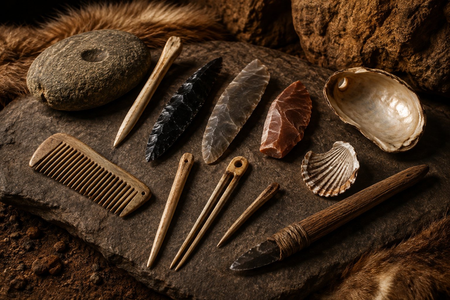 Prehistoric stone, flint, shell and bone tools representing the earliest technologies that could be applied to human hair.