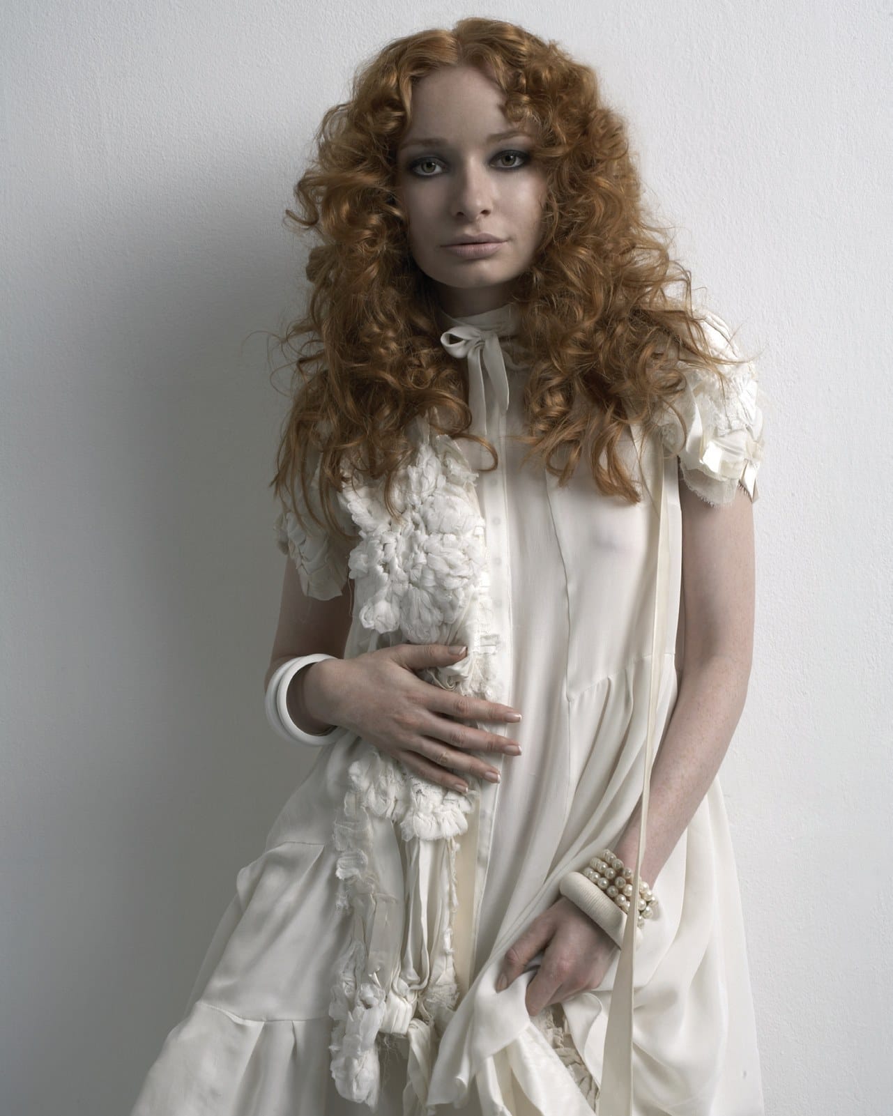Long spiral copper curls with all-white styling – Essensuals Collection, Louise Smith 2007