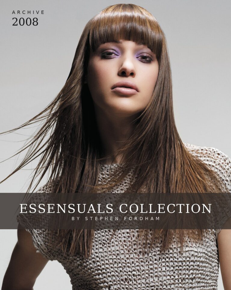 Essensuals Collection archive cover – long sleek brunette hair with a heavy fringe, by Stephen Fordham