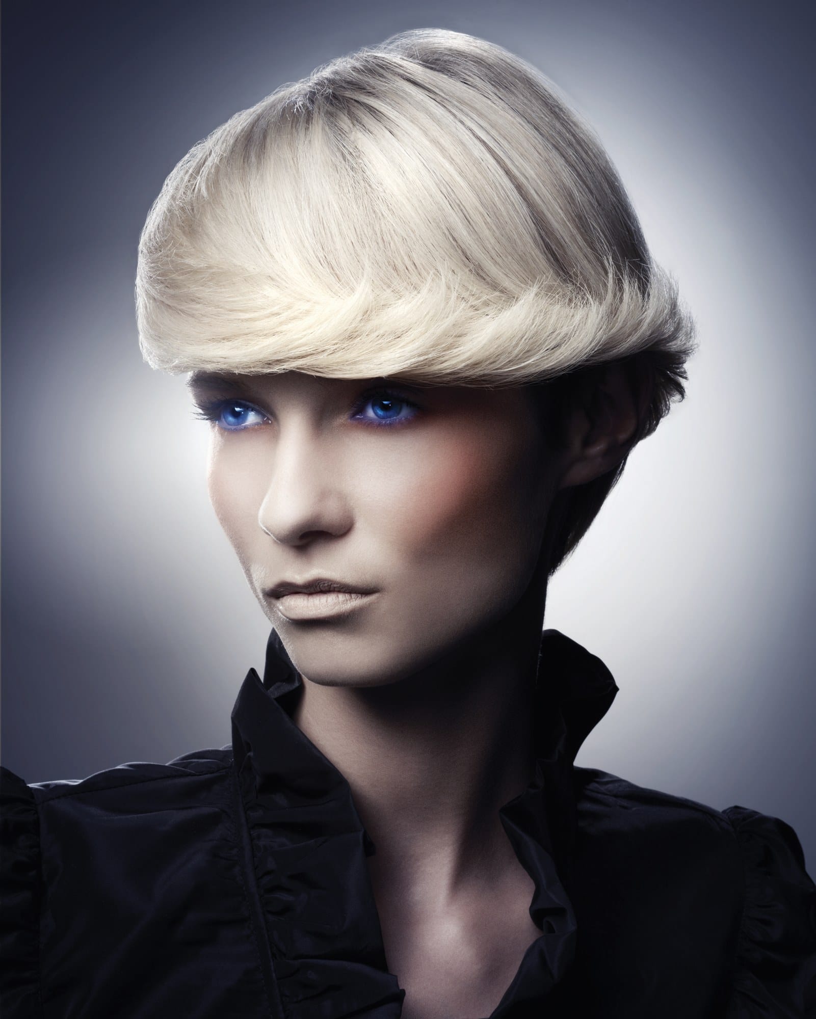 Platinum blonde voluminous curled updo with a black bow-tied collar – Hob Collection 2006/7, Claire Dawson 2007