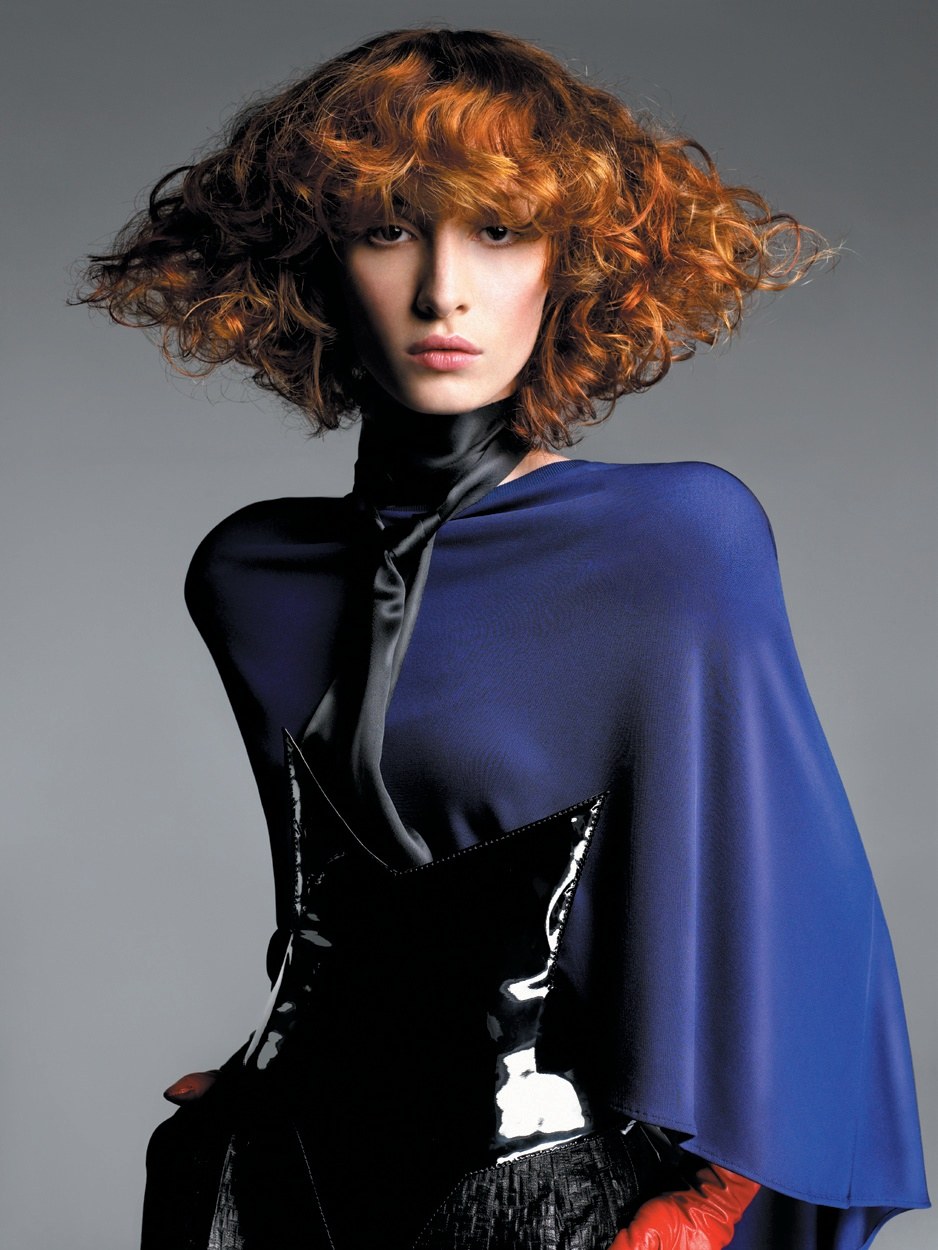Voluminous copper curls with a blue cape – Kaizen Collection, Toni & Guy Art Team 2008