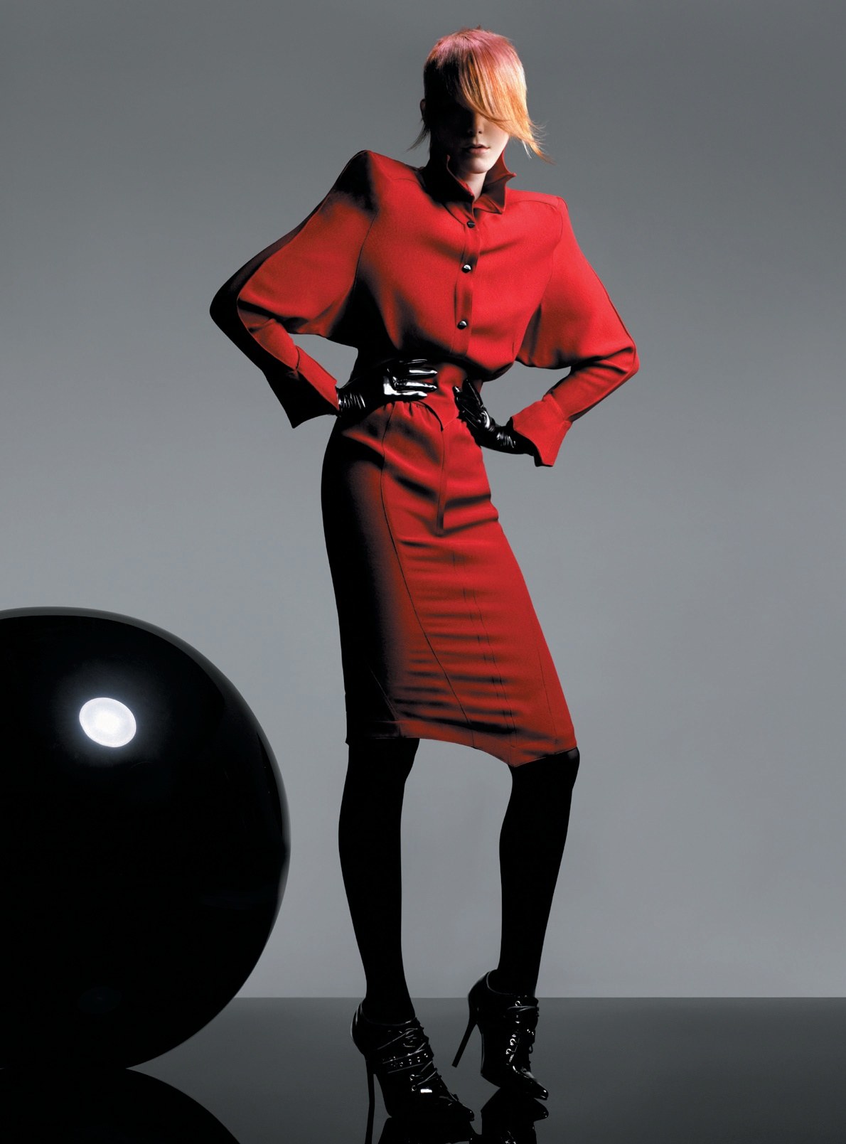Swept-over copper fringe with a red suit, full-length – Kaizen Collection, Toni & Guy Art Team 2008