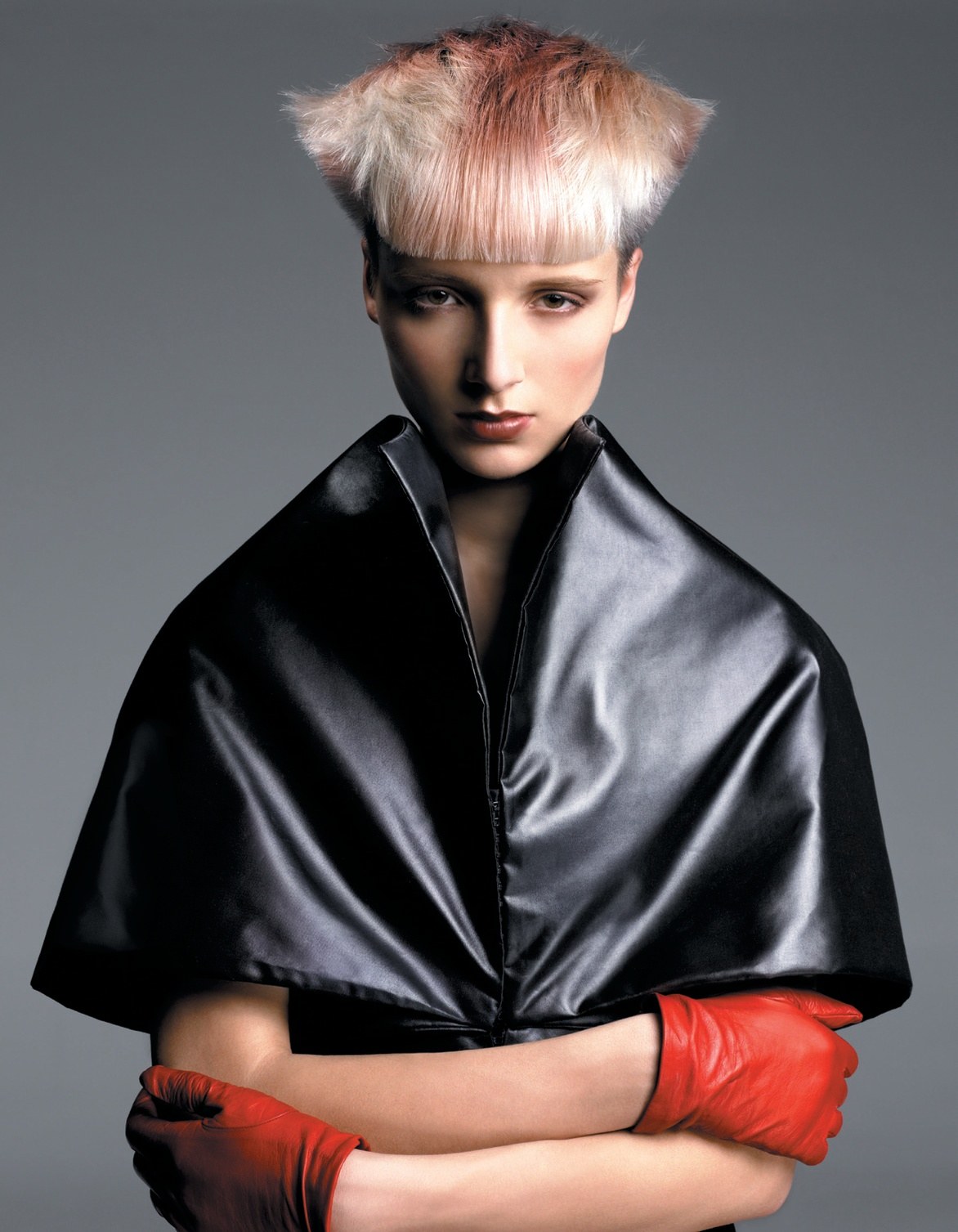 Candy-pink textured crop with a leather cape – Kaizen Collection, Toni & Guy Art Team 2008