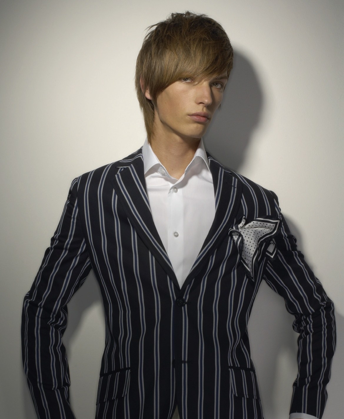 Men's long straight fringe with a pinstripe suit – Men's Collection, Hob Salons 2008