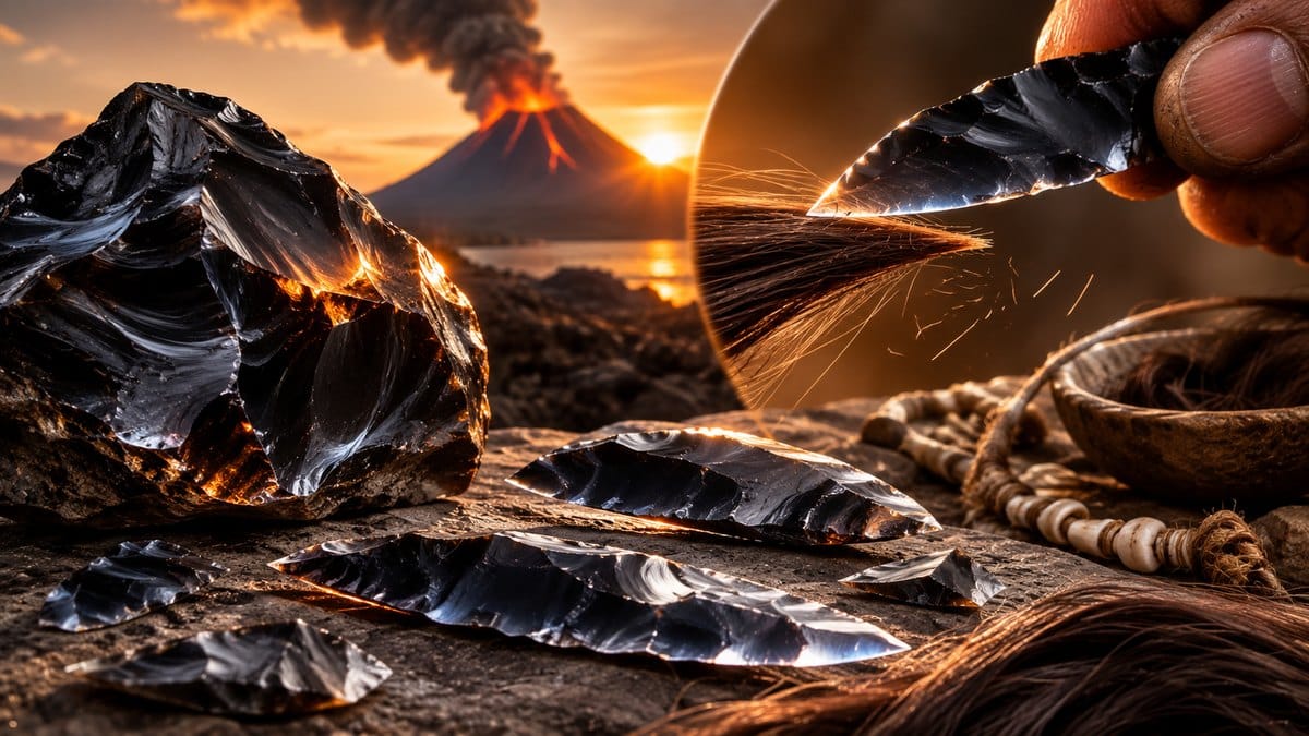 Glossy obsidian blades and a sharp flake cutting hair near a volcanic landscape