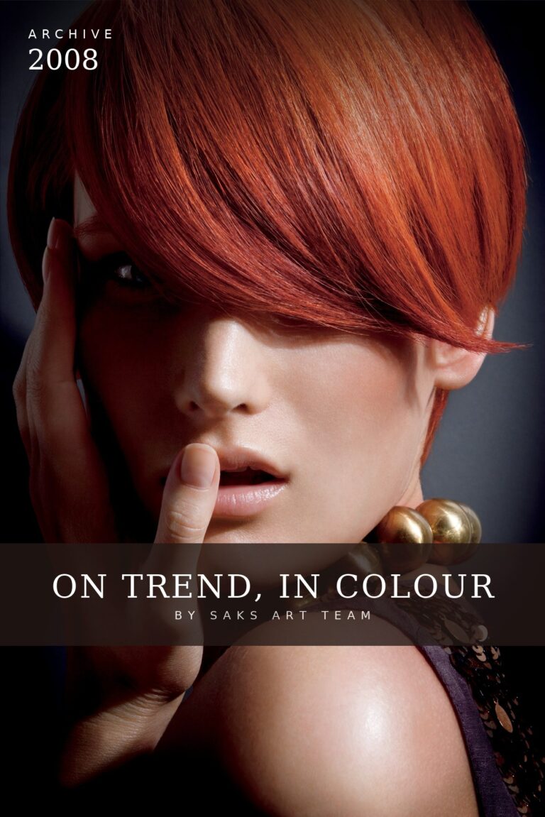 On Trend, In Colour archive cover – flame-red crop with a deep fringe, by the Saks Art Team