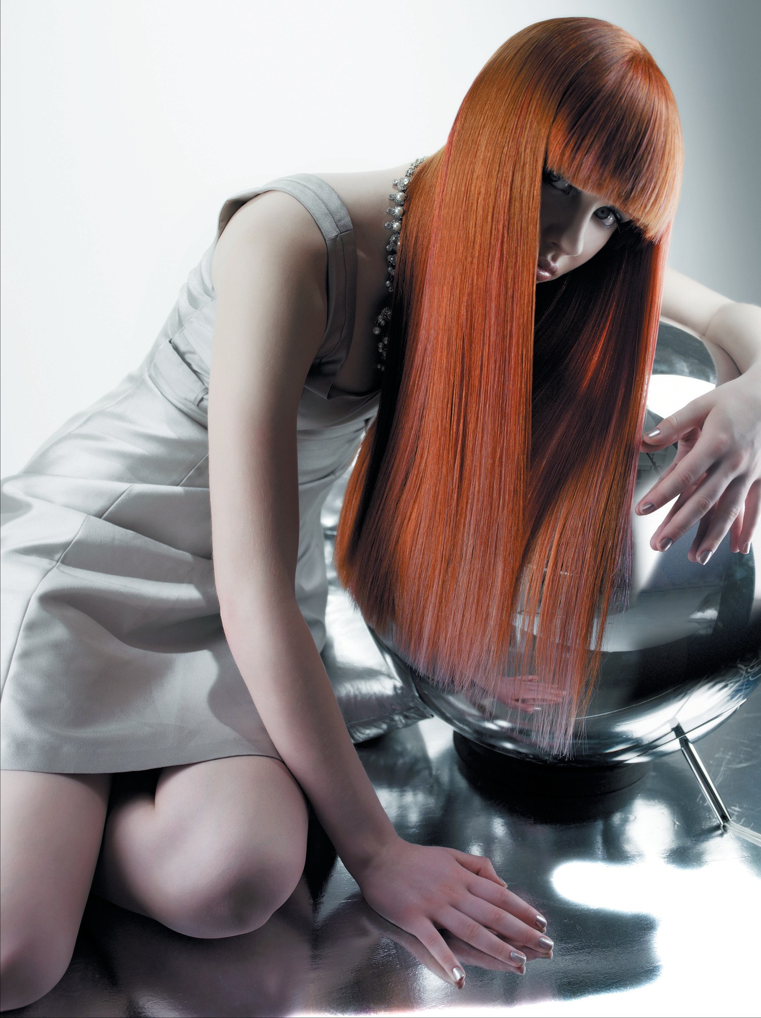 Poker-straight copper hair with a heavy blunt fringe – Oxymoron Collection, Simon Raby 2008