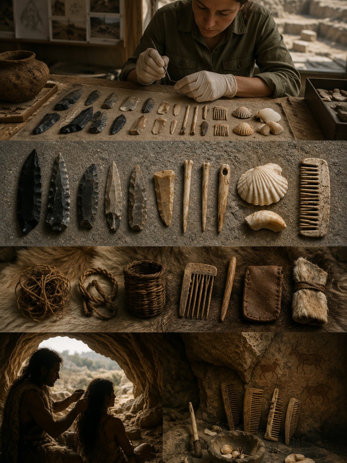 Archaeological researcher examining prehistoric stone, bone and shell hair tools.
