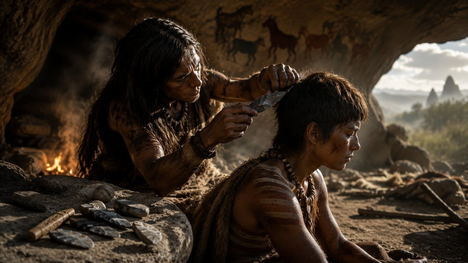 Prehistoric reconstruction of an early haircut using a sharp stone edge