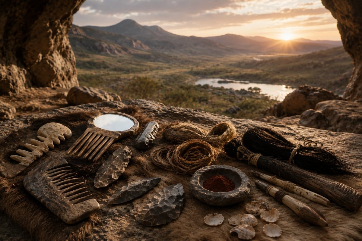 Prehistoric stone, bone and fibre objects arranged as archaeological evidence for early grooming