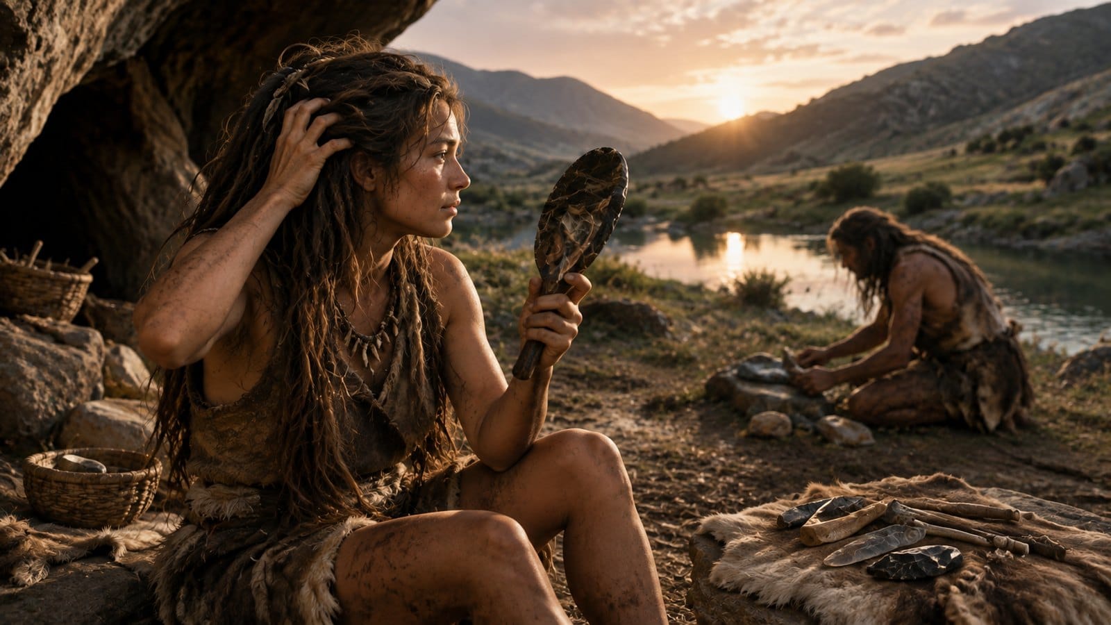 Prehistoric hair care scene showing early human grooming beside a river