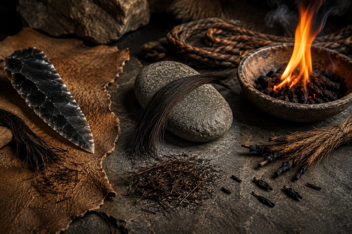 Stone blade, abrasion stone and singed hair visually representing possible prehistoric hair-shortening methods