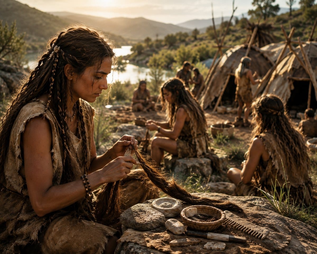 Prehistoric community scene showing deliberate hair arrangement and personal adornment