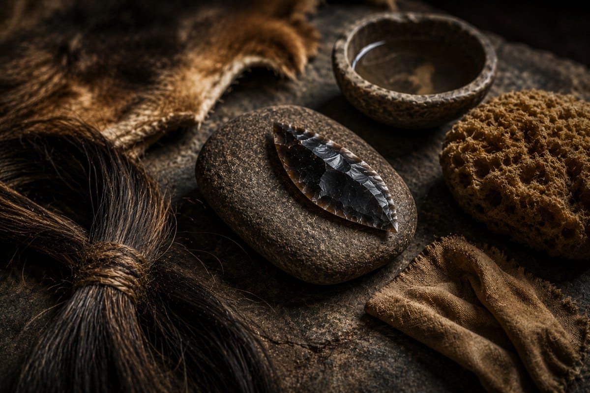 Prehistoric grooming objects and hair arranged as an archaeological still life illustrating incomplete evidence
