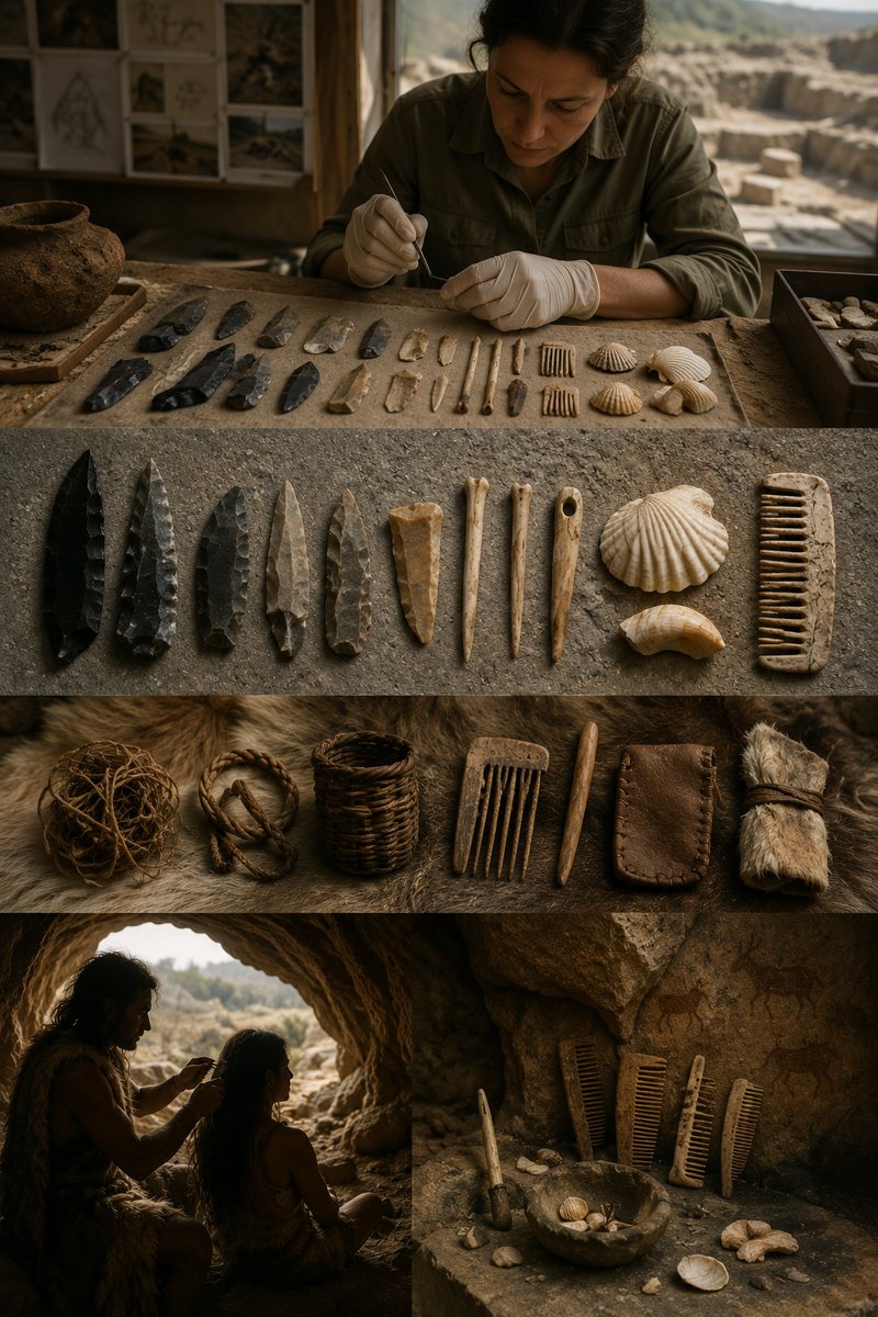 Archaeological researcher examining stone, bone and shell objects alongside reconstructed prehistoric materials, illustrating different levels of evidence for early hair tools.