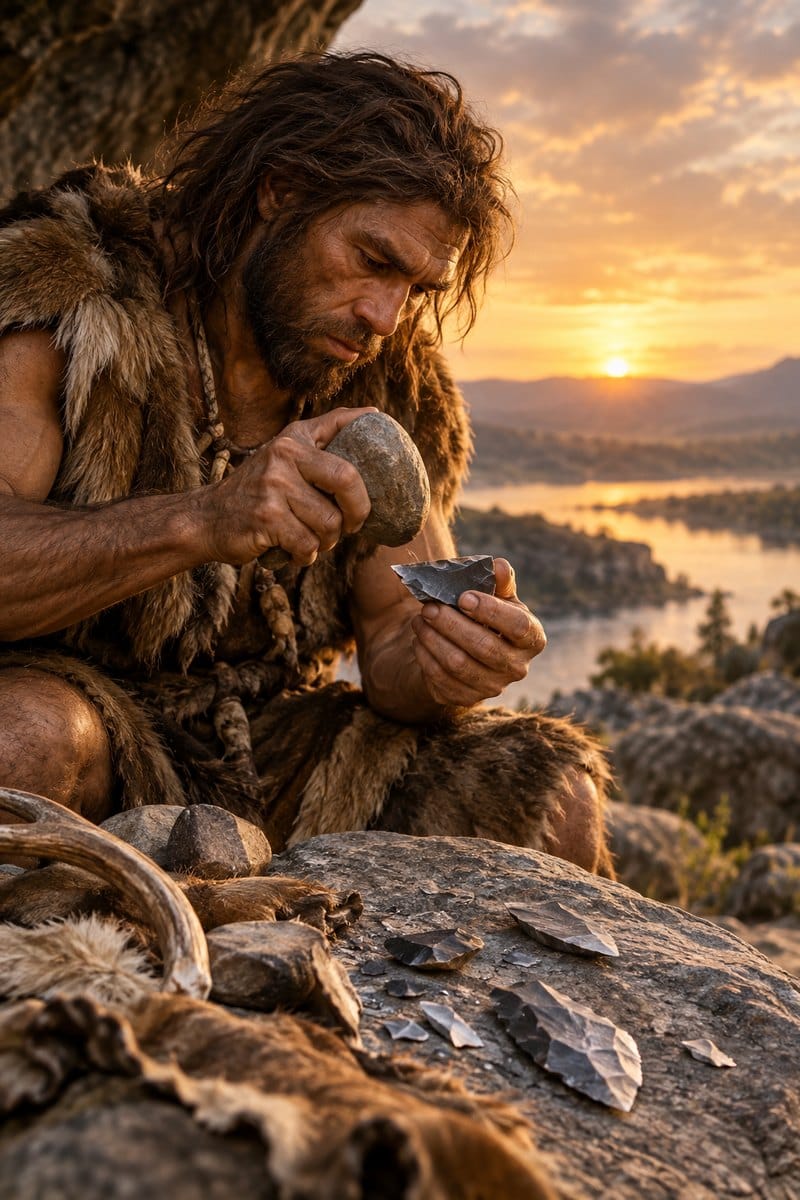 Prehistoric man carefully shaping a stone blade at sunset, the skill behind the first cutting tools