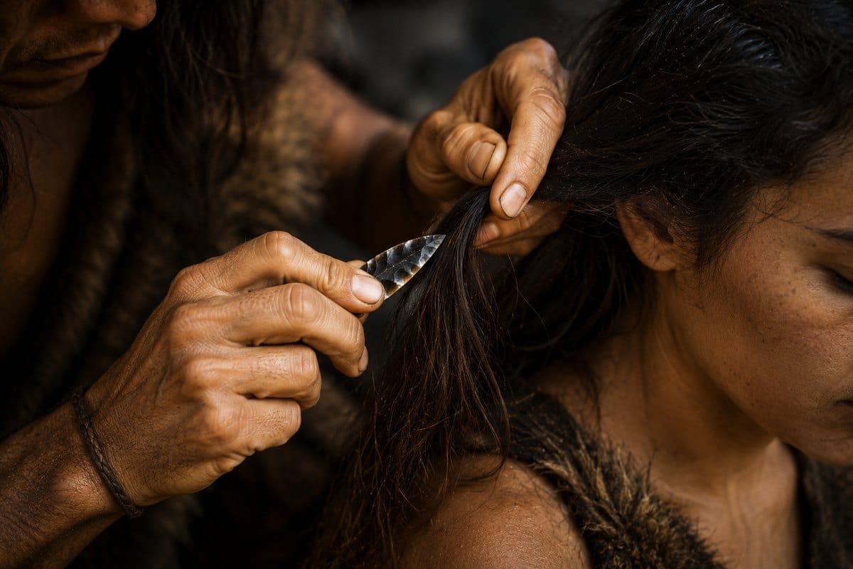 Close view of hands holding a section of hair under tension while controlling a small stone blade