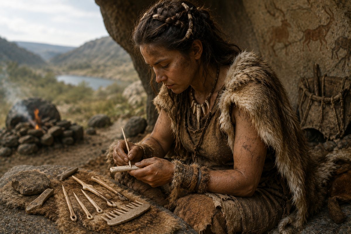 Prehistoric craftsperson shaping bone implements, illustrating the gradual development from multipurpose objects toward specialised grooming tools.