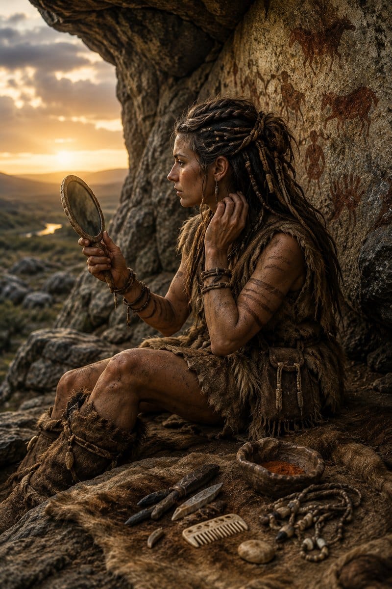 Prehistoric woman with arranged hair and personal adornment in a rock-shelter setting