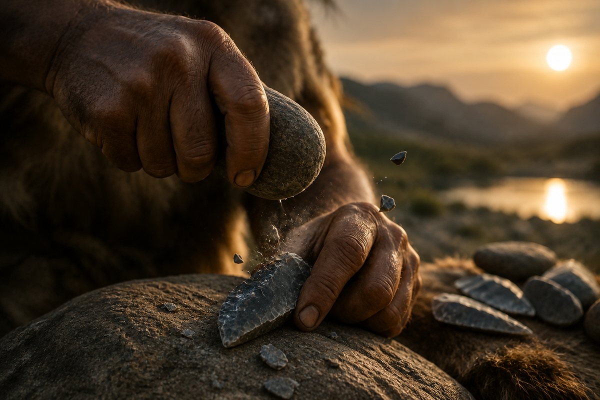 Prehistoric toolmaker shaping a sharp stone edge, showing how stone technology expanded the control of the human hand.
