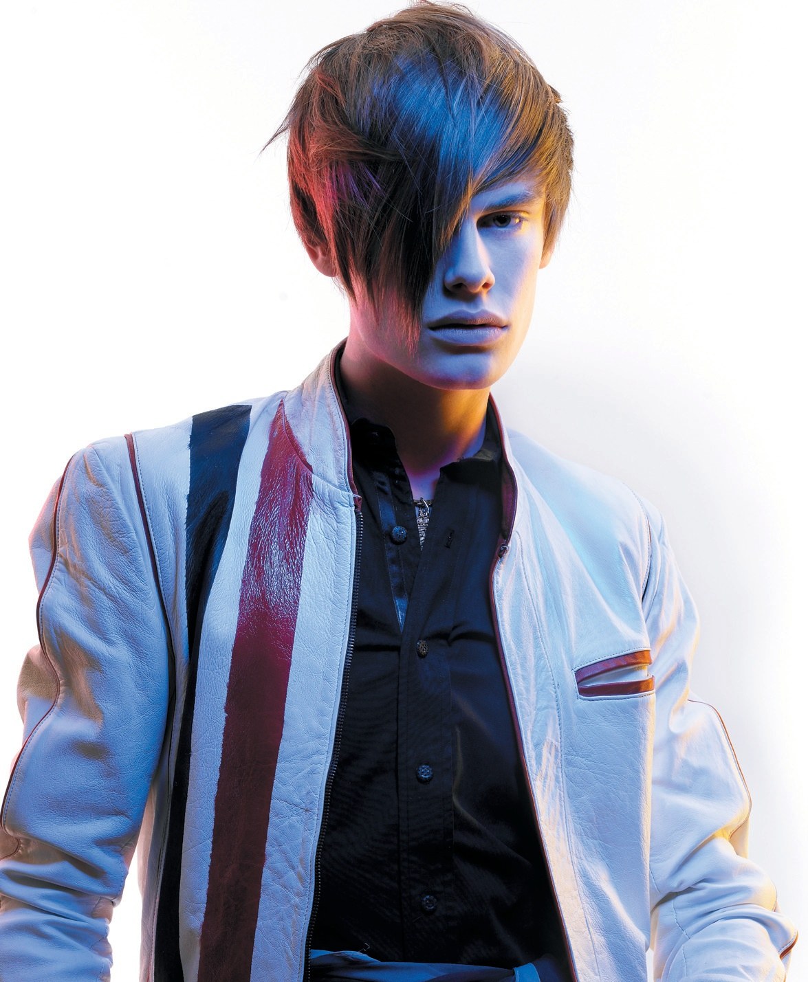Men's long fringe over one eye with a striped jacket – Toni & Guy Collections, Hide Saiga 2008