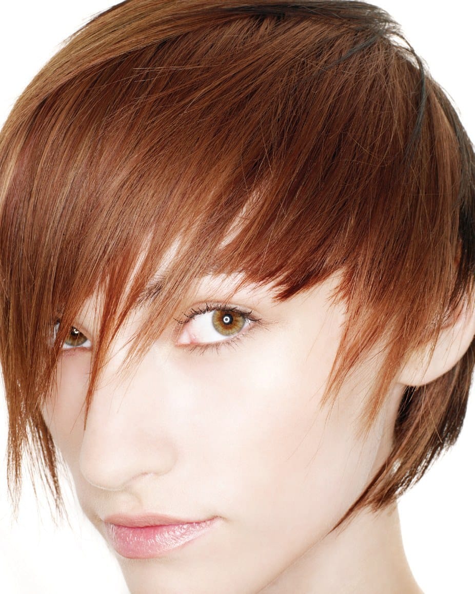 Short auburn crop with a feathered, piecey fringe – Toni & Guy Collections, Jo O'Neill 2007