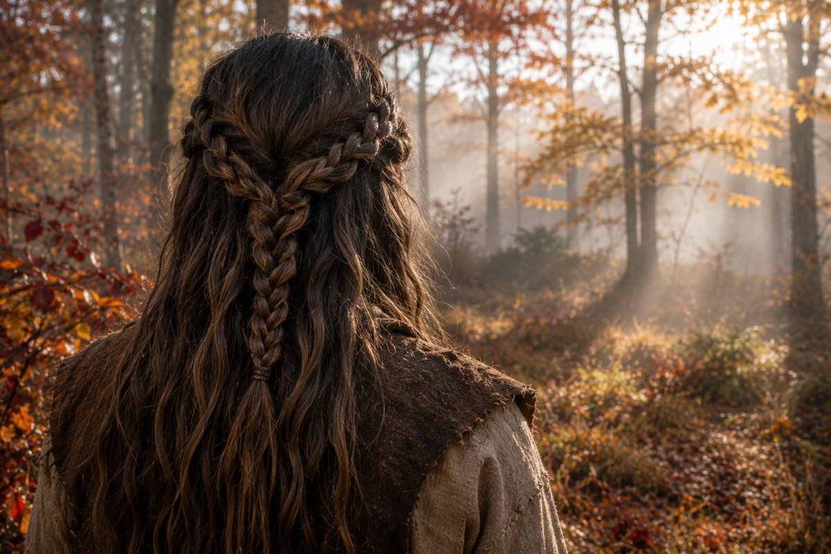 Back view of a prehistoric editorial reconstruction with several simple braided hair sections combined into a more structured hairstyle in an autumn forest.