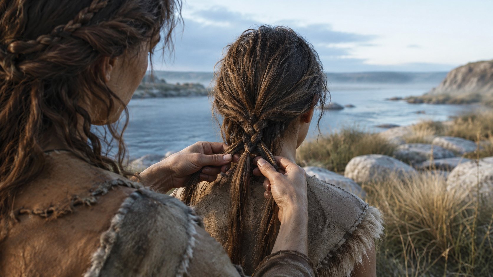 Prehistoric editorial reconstruction showing hands dividing and interlacing long hair beside open water, illustrating the simple manual principle behind early braiding.
