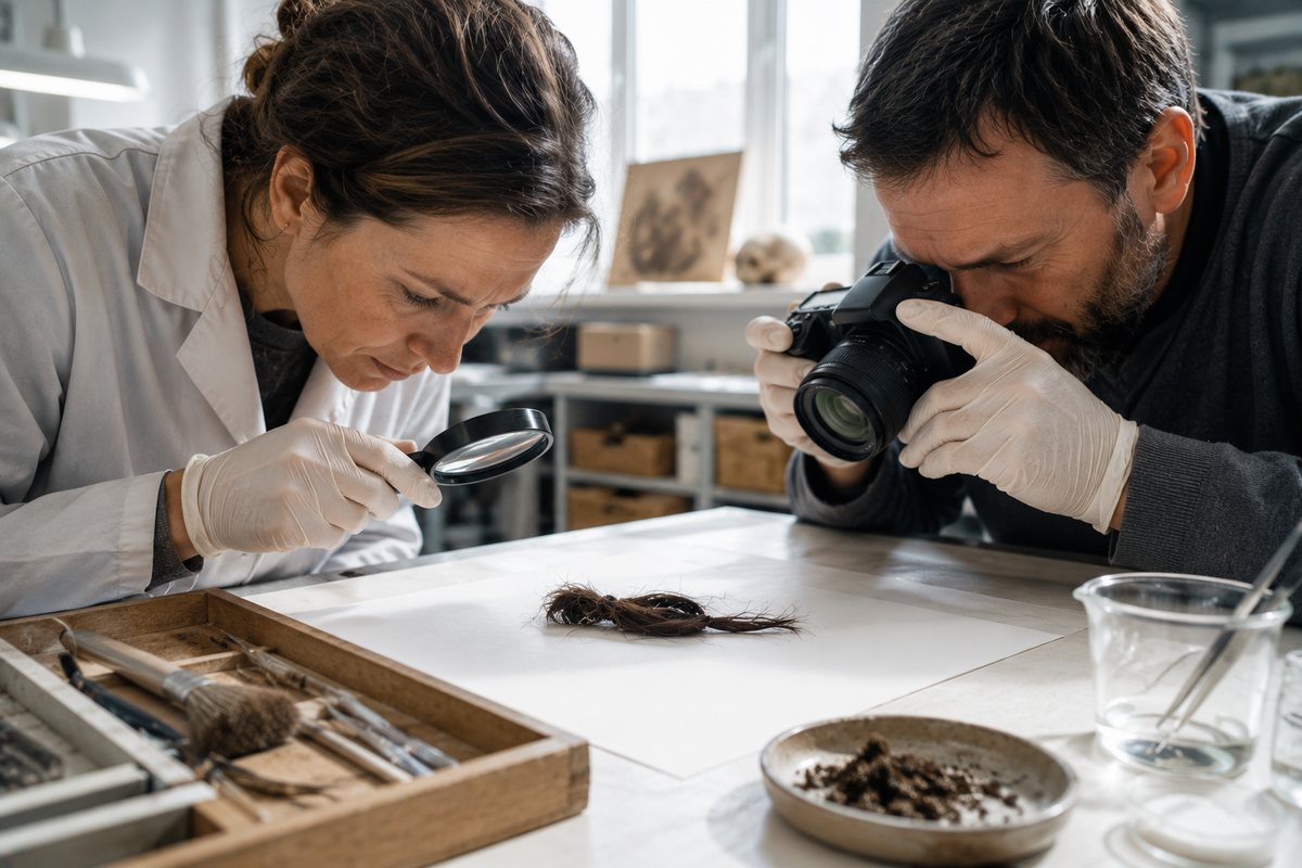 Editorial illustration of researchers examining a small hair-like specimen in a modern archaeological conservation laboratory.