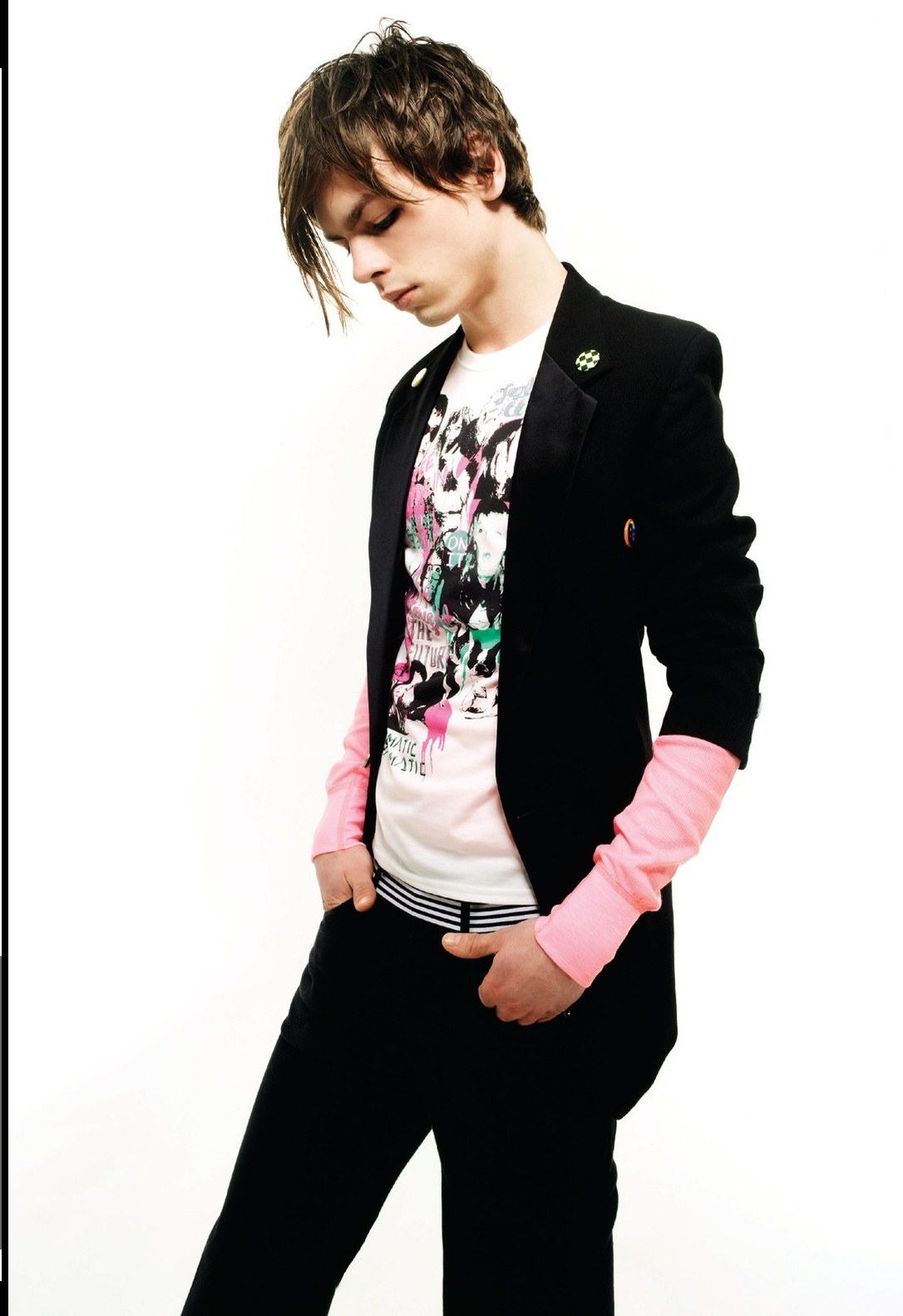 Men's long tousled fringe, black blazer and printed T-shirt – Bed Head Collection, Nick Irwin 2008