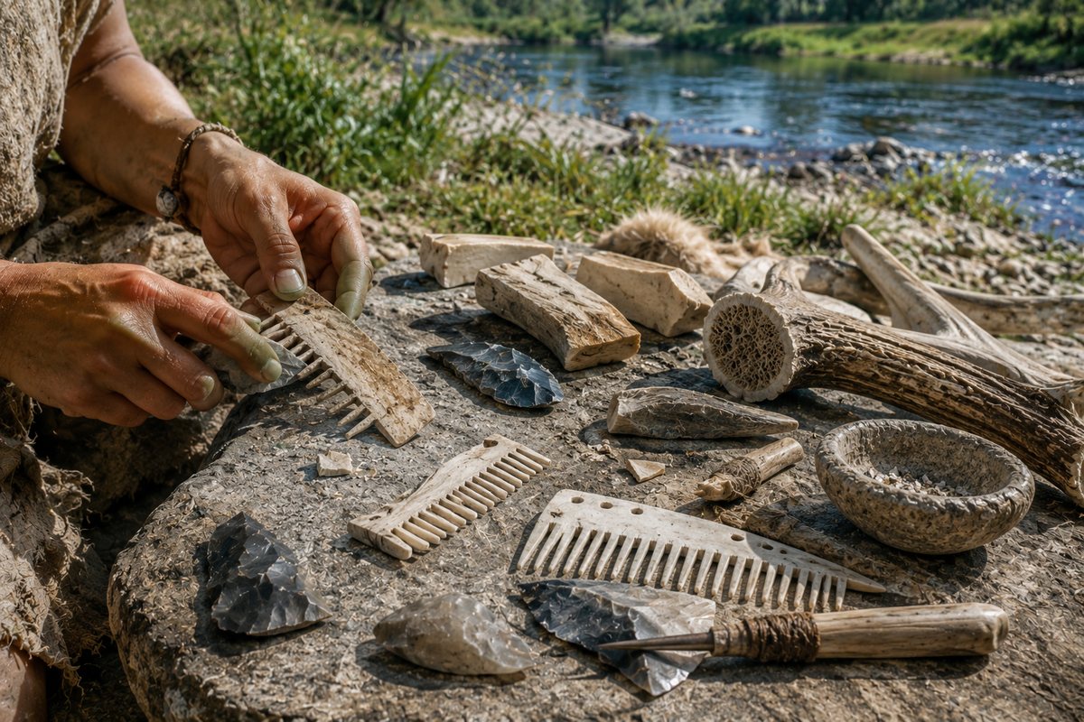 Close-up reconstruction of early comb manufacture using bone or antler and stone tools.