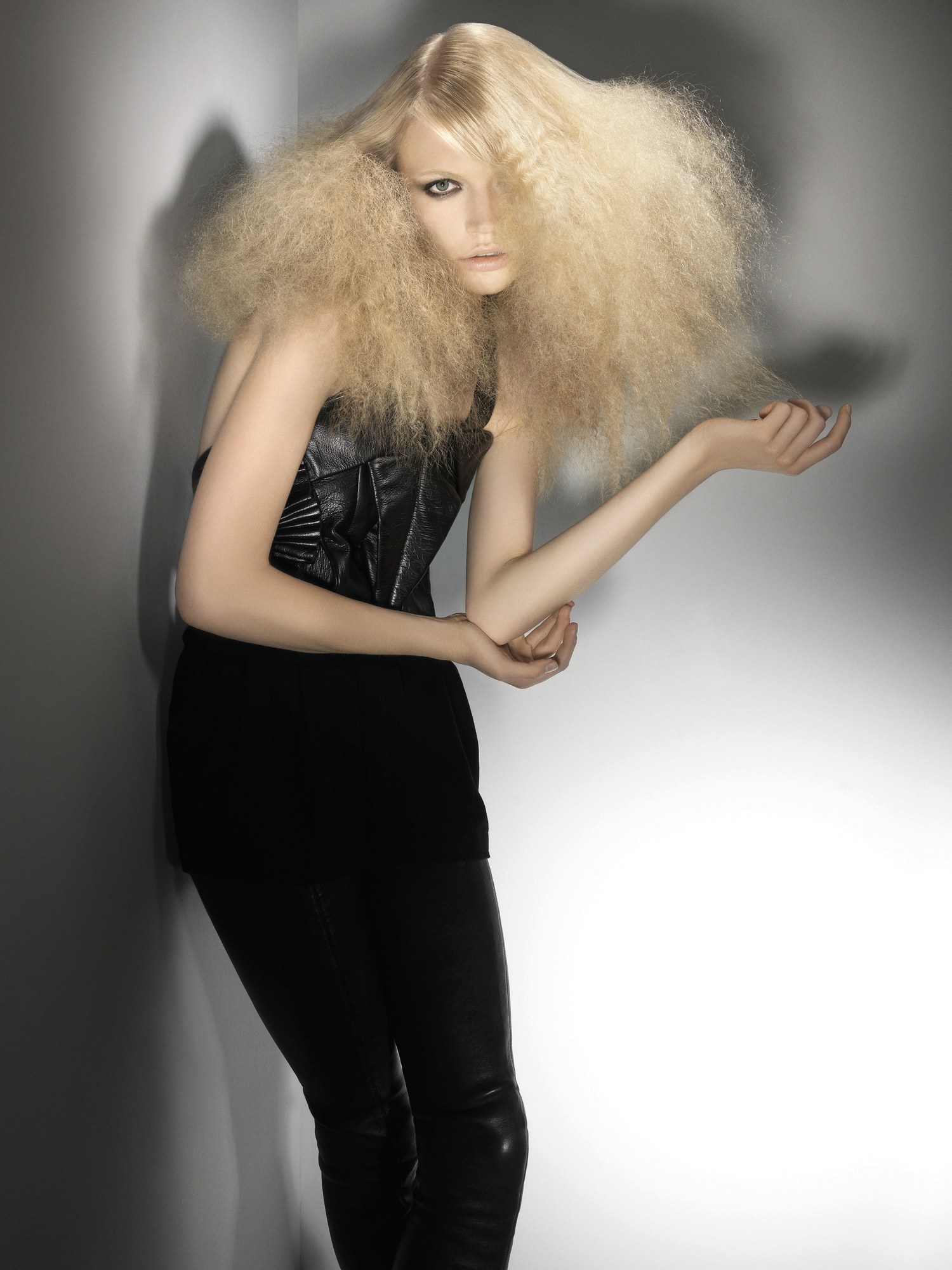 Huge crimped blonde mane, black corset and trousers – British Hairdresser of the Year, Akin Konizi 2008