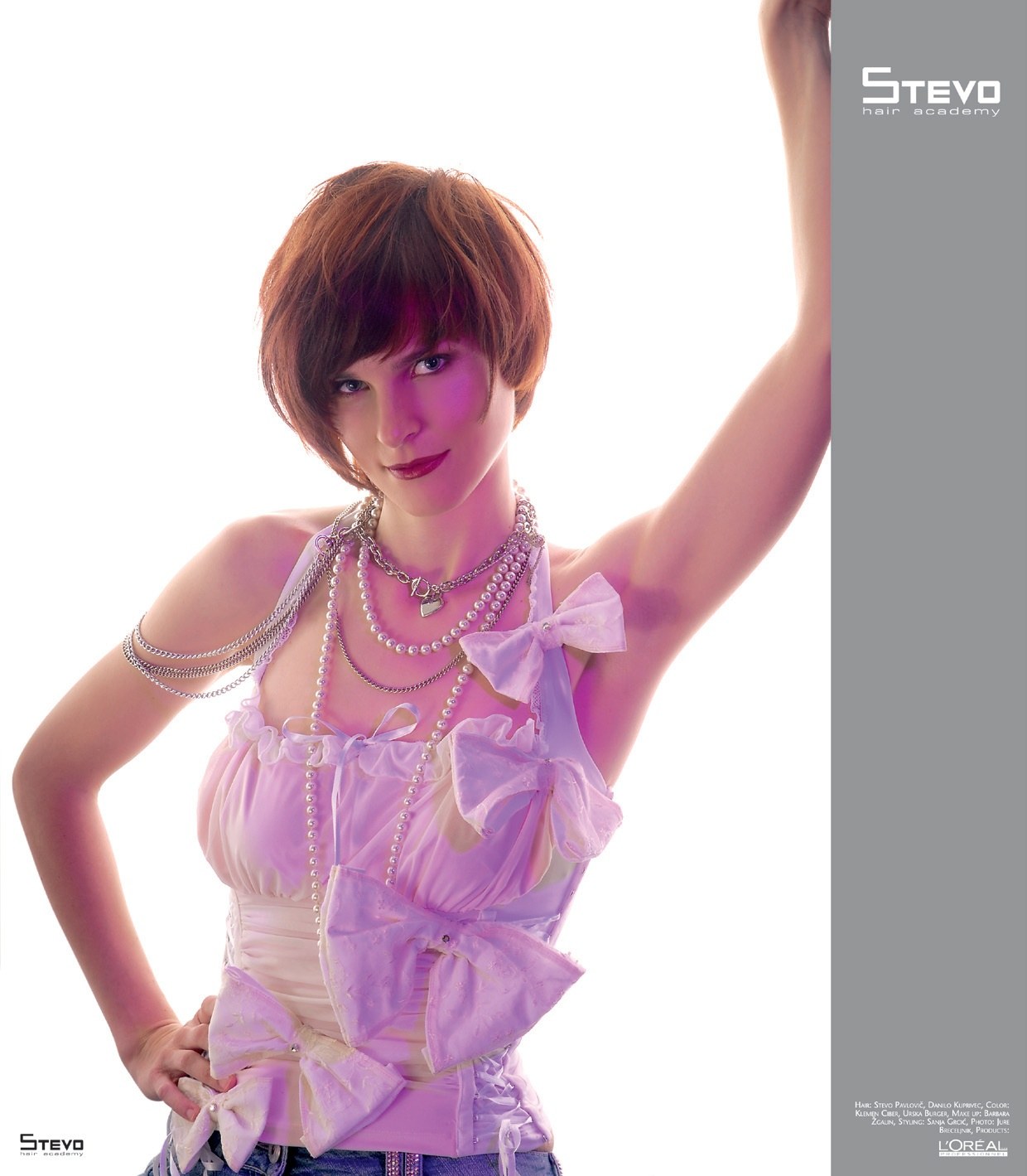 Short rounded brunette crop with a soft fringe, pink corset and pearls – Chic It Collection, Stevo Hair Academy 2008