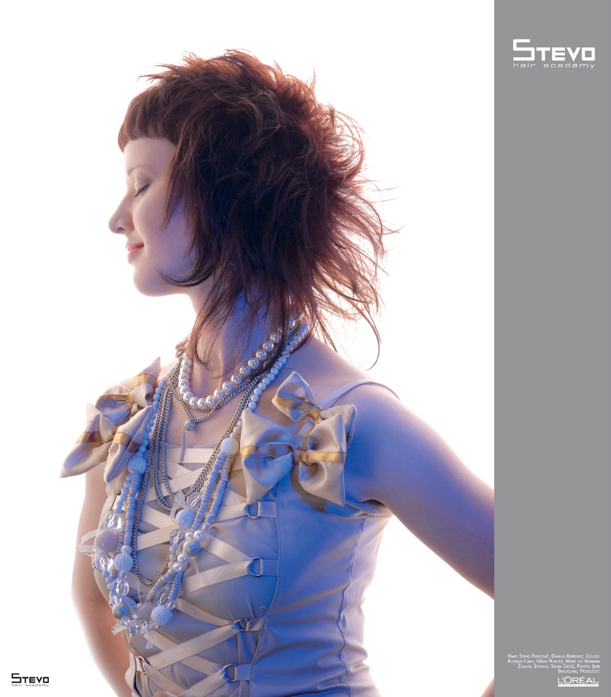 Feathered auburn shape in profile, ropes of pearls – Chic It Collection, Stevo Hair Academy 2008