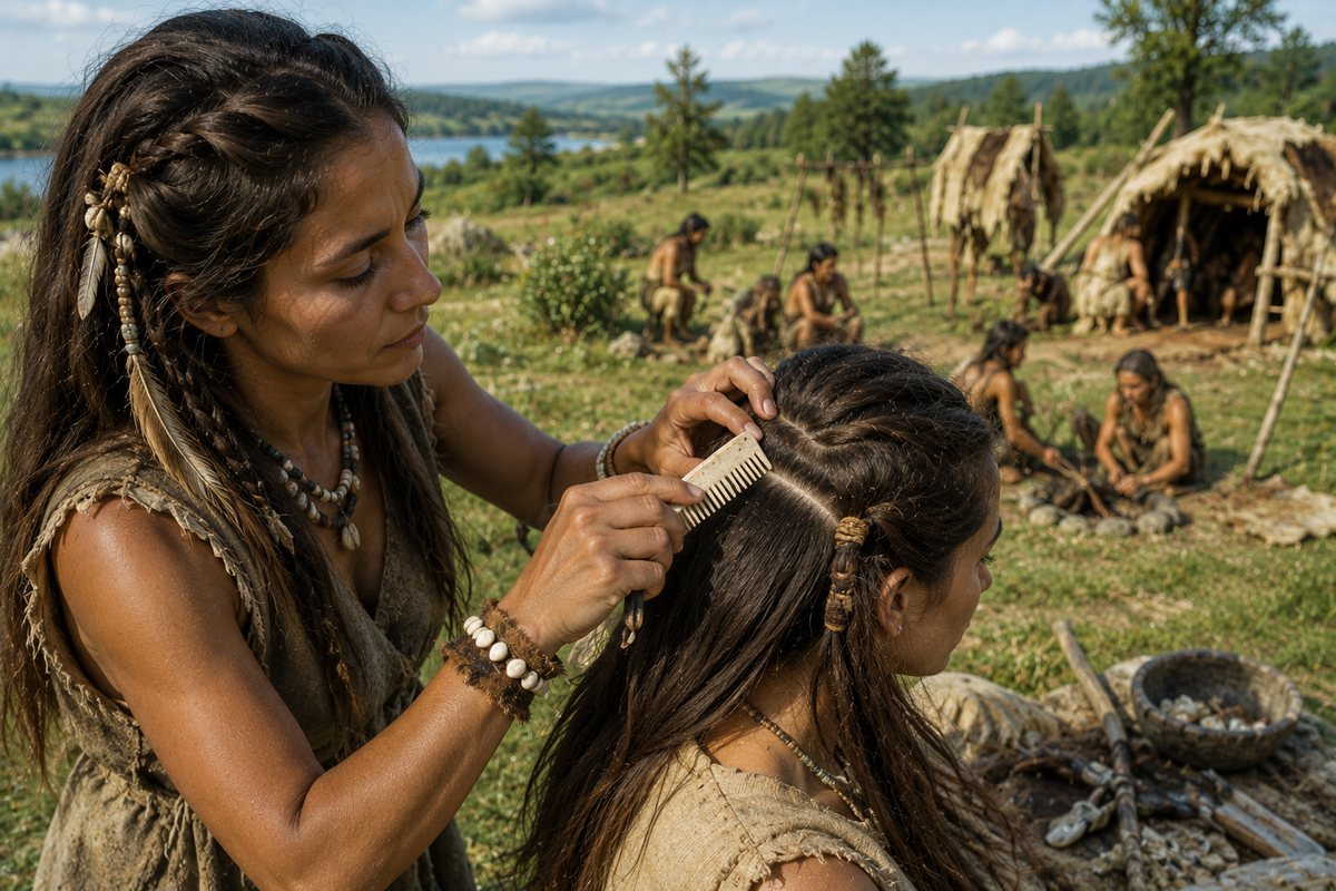 Open-settlement reconstruction showing a comb used to divide long hair into controlled sections.