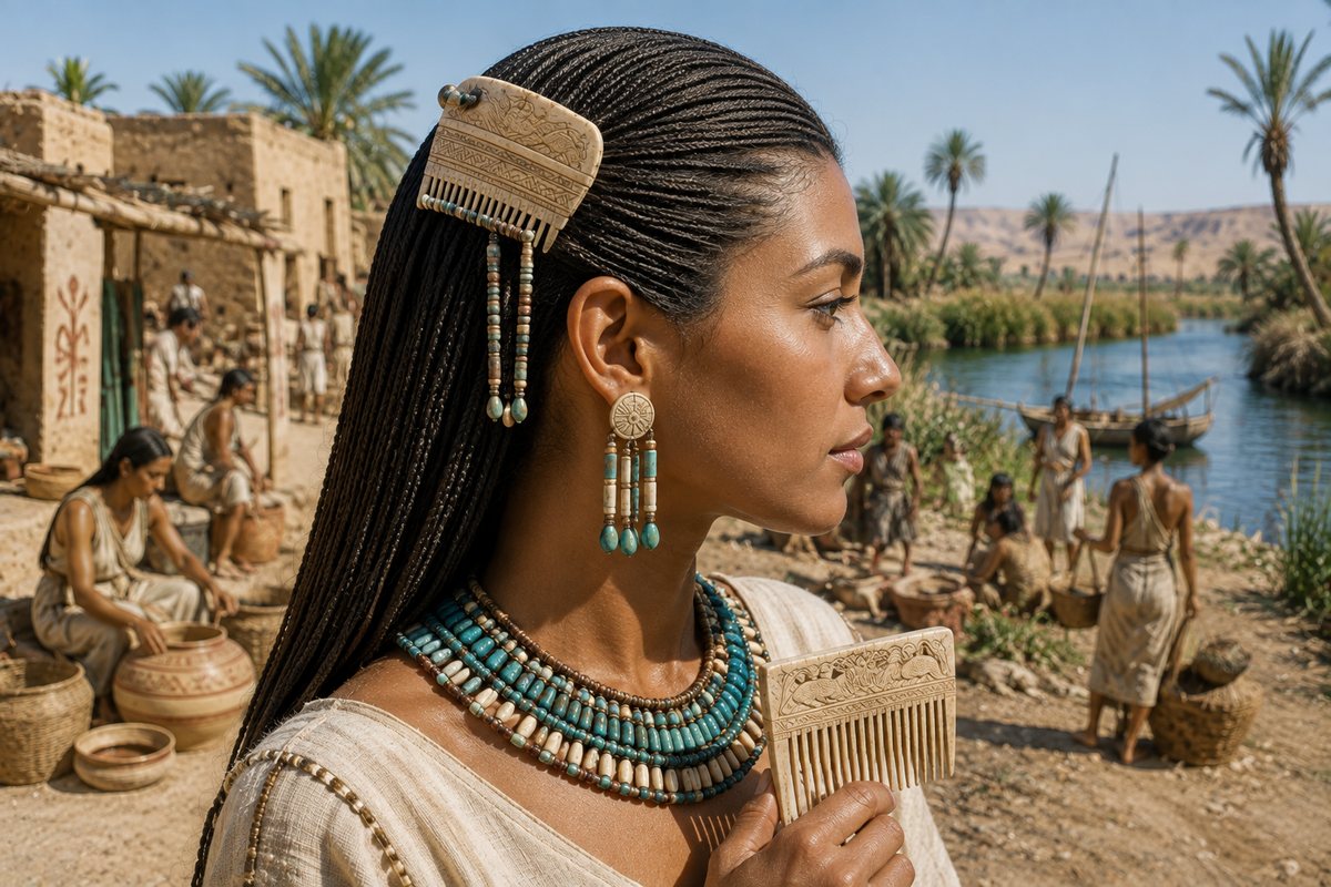Editorial reconstruction of a person with carefully arranged hair and decorated combs in a Predynastic Nile setting.