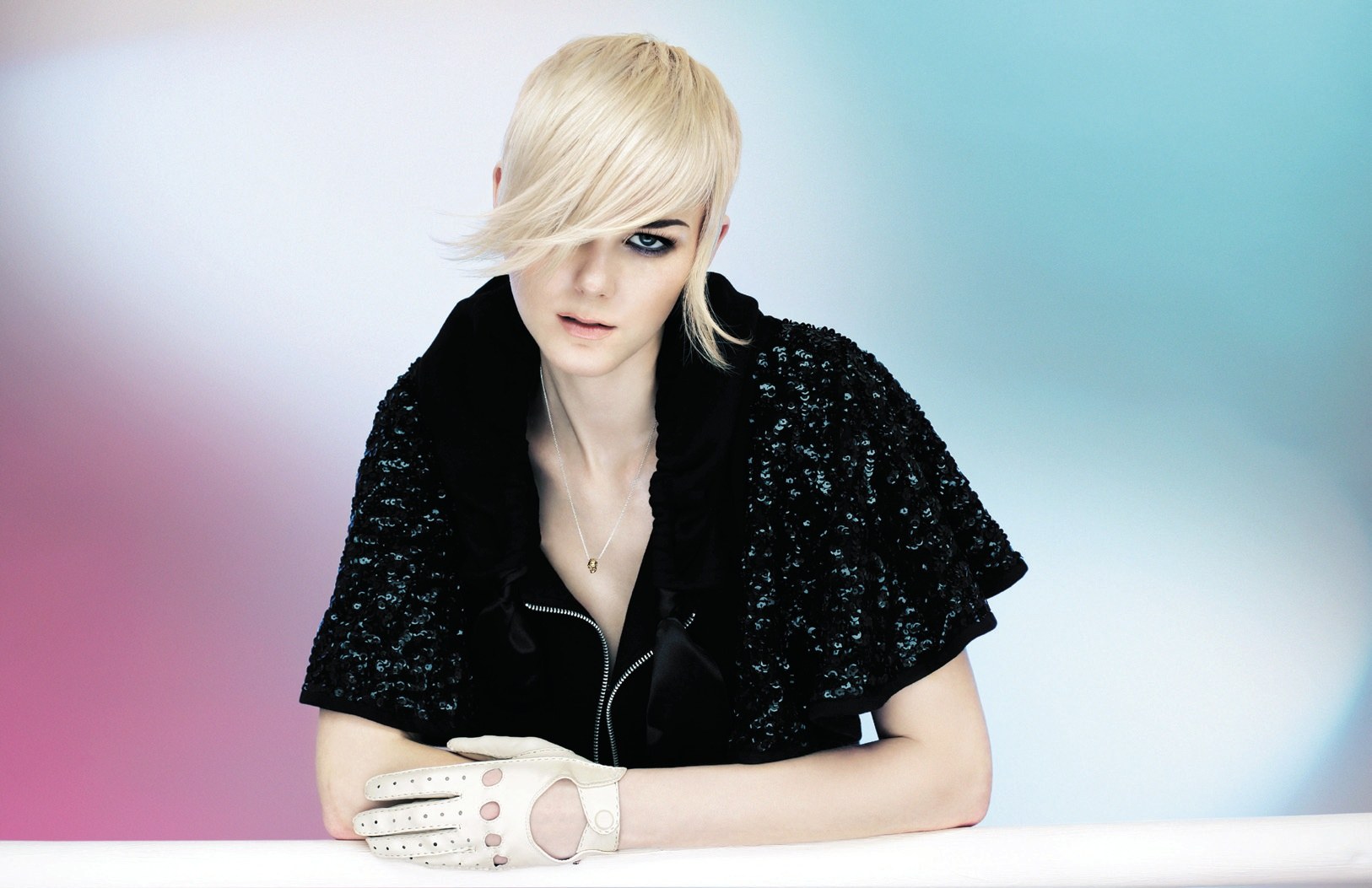 Platinum crop with a long asymmetric fringe, white leather glove – Electric Collection, Gary France 2008