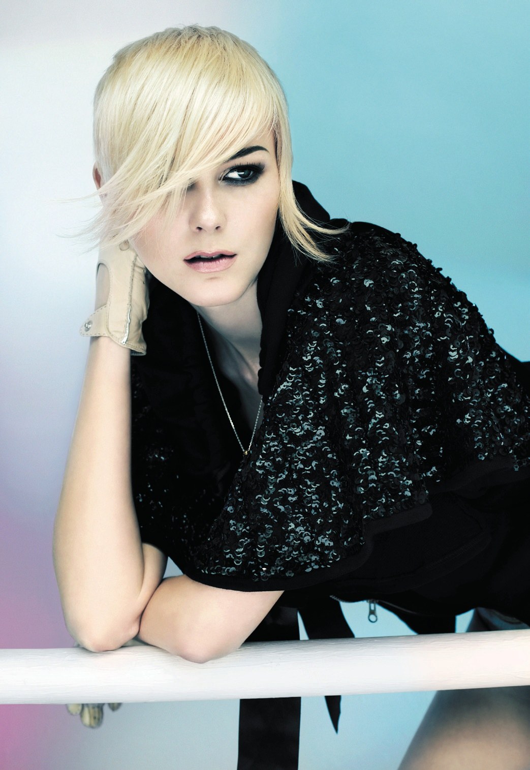 Platinum fringe sweeping over one eye, black jacket – Electric Collection, Gary France 2008