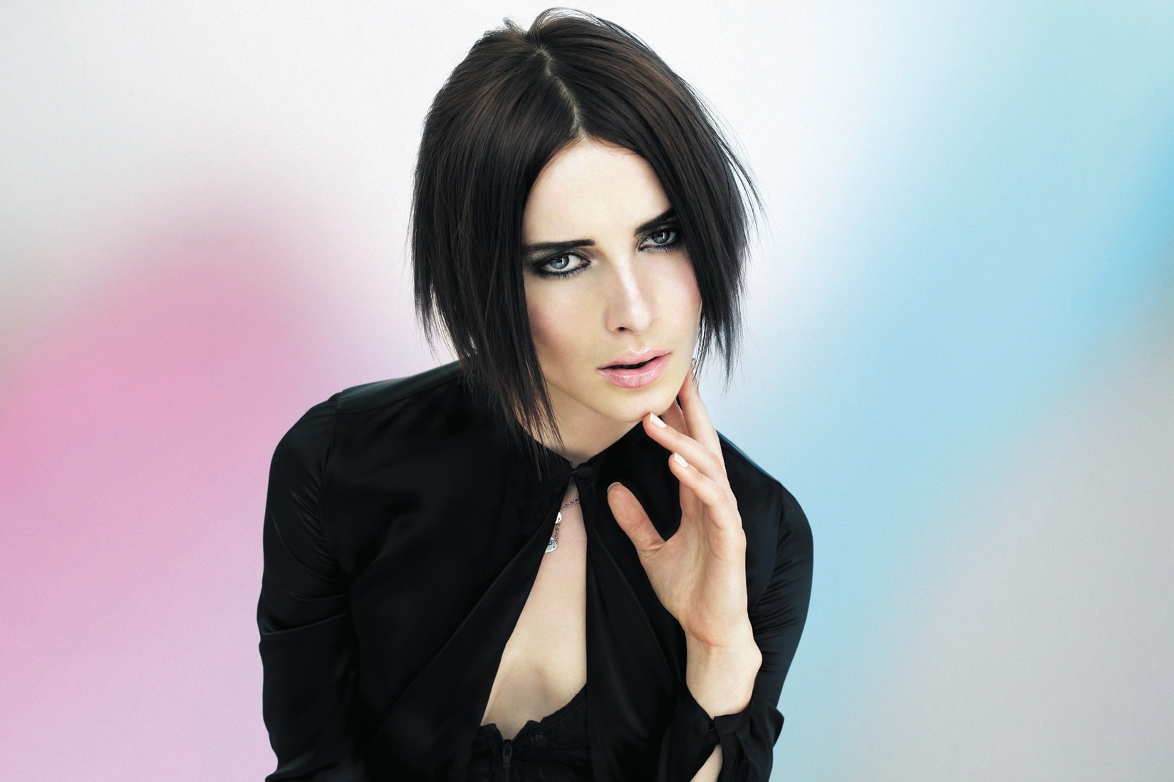 Sleek dark bob grazing the jaw, black blouse – Electric Collection, Gary France 2008