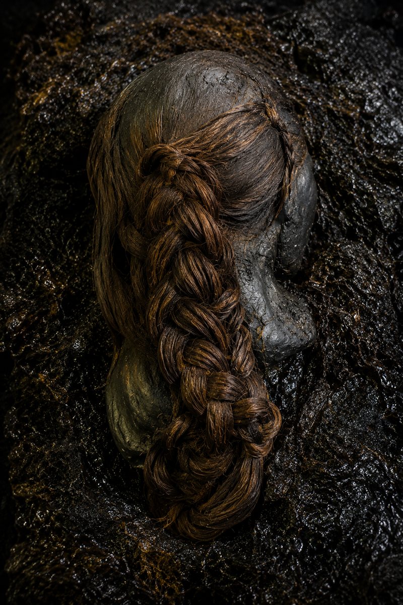 Editorial archaeological reconstruction of exceptionally preserved braided hair in dark peat, inspired by Iron Age bog-body evidence.