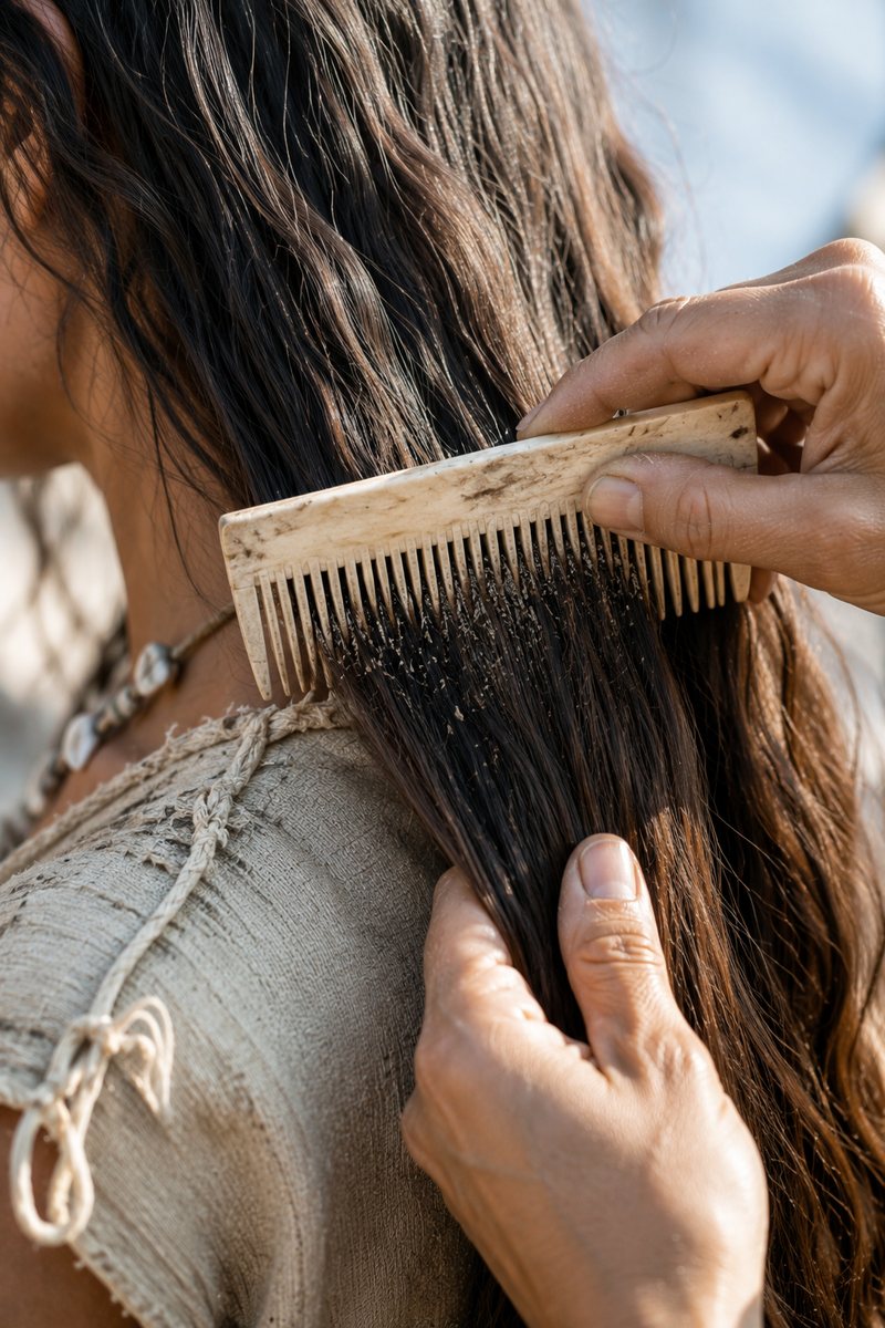 Close-up of a fine-toothed early comb passing through long hair during grooming.