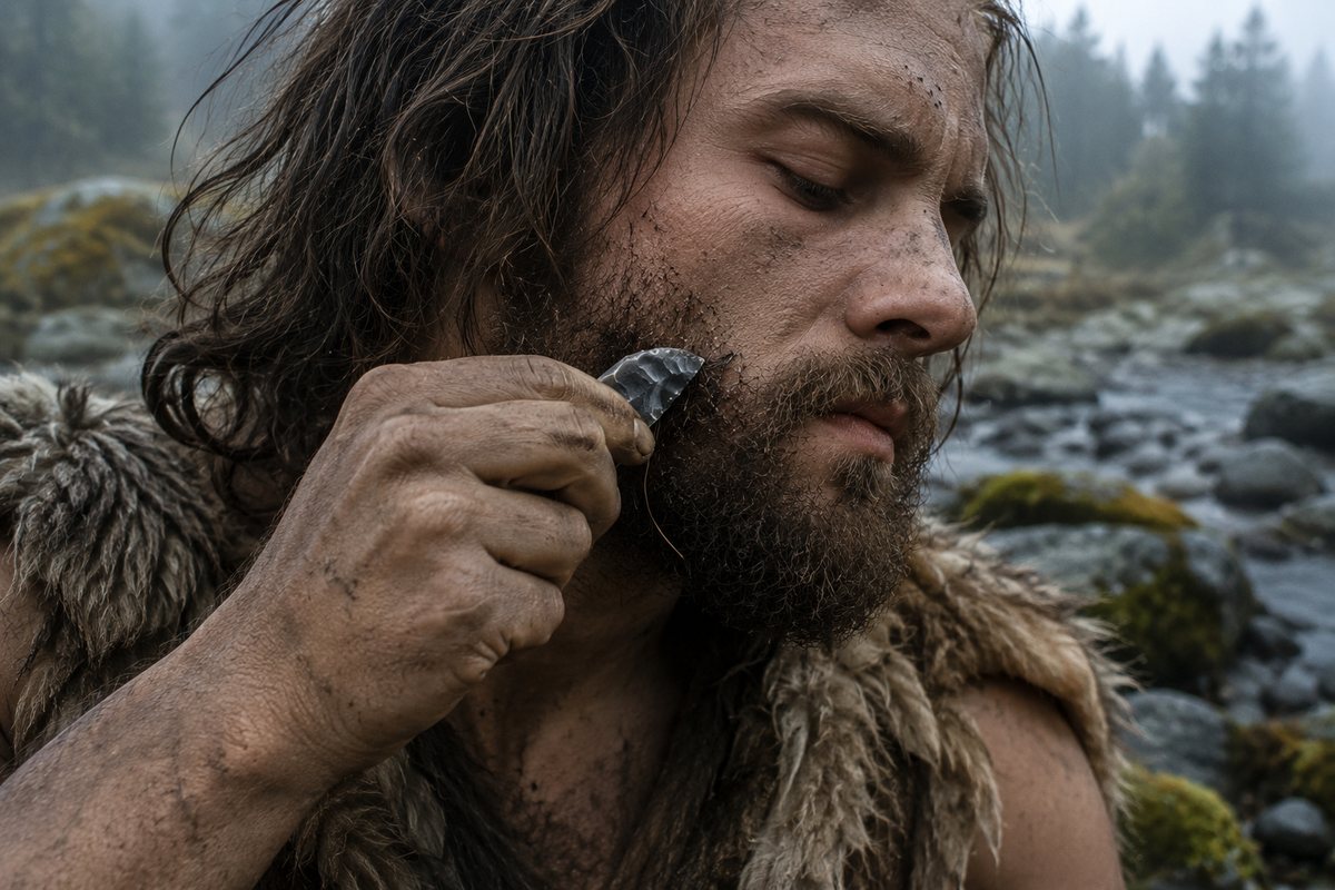 Editorial reconstruction of a prehistoric man carefully using a small flint edge near his beard in a misty woodland setting.