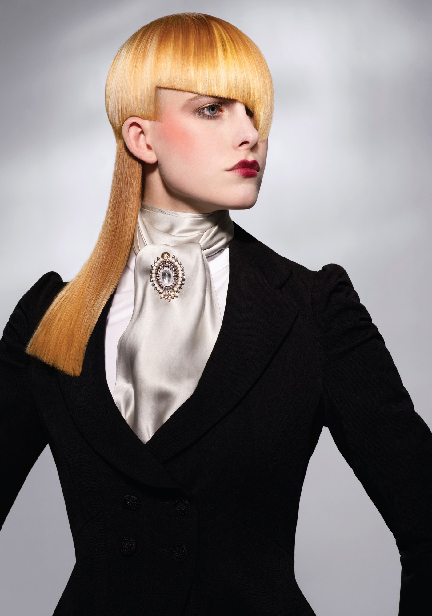 Blonde cap with a blunt fringe over long straight copper lengths – Gilded Youth Collection, Sassoon 2008