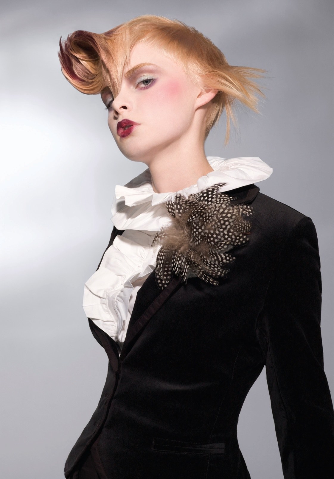 Ruffled strawberry blonde crop swept up and back, lace collar – Gilded Youth Collection, Sassoon 2008