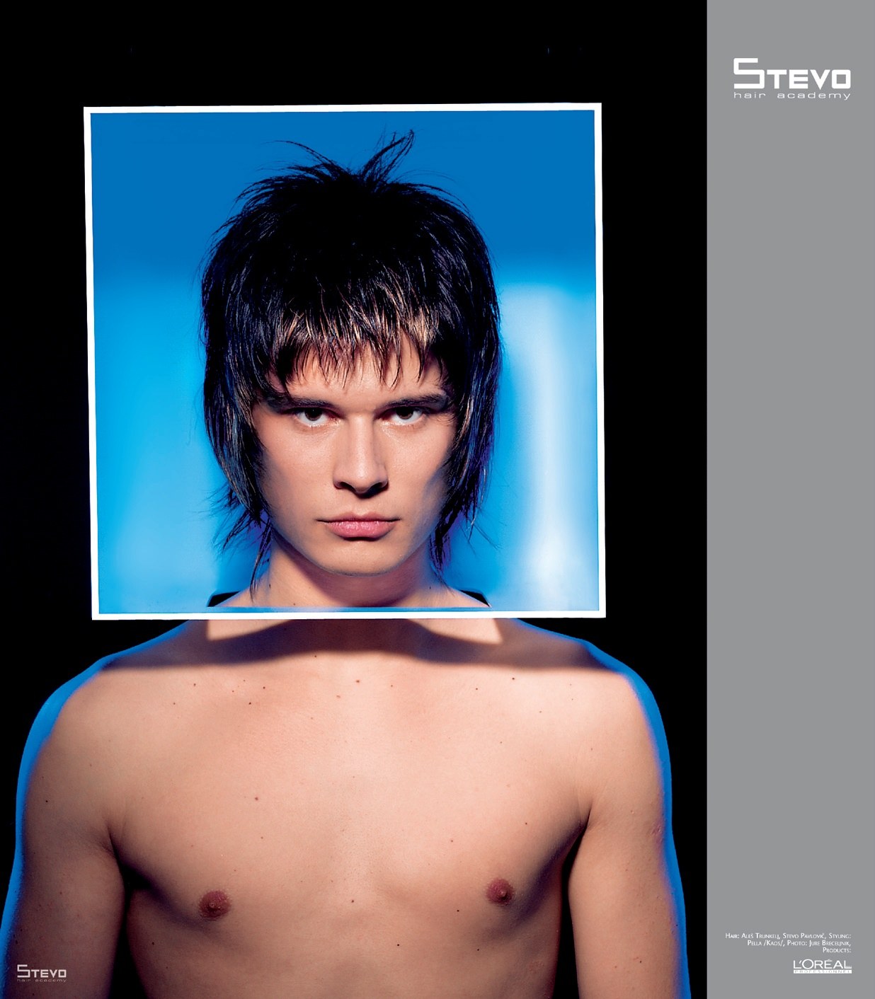 Men's choppy fringe with long layers, blue frame – HIM Collection, Stevo Hair Academy 2008